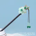 Vintage green floral hair stick with tassel, 18cm wood hairpin with gold leaf details - Misty Smoke - Mugwort Green