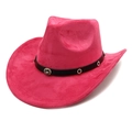 Detail eines pinkfarbenen Wildleder-Cowboyhuts mit strassbesetztem Band und geschwungener Krempe - M (56-58cm) / Fuchsia
