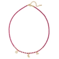 Detail of bohemian beaded necklace featuring rose red stones and gold star charms - Rose Red Beads-Star & Crown Pendants