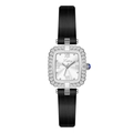 Montre vintage carrée pour femme avec cadran argenté, lunette strass et bracelet noir fin - Boîtier Argent Cadran Blanc Bracelet Noir