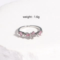 Elegant silver bow ring with pink heart stones and adjustable open band for women - White Gold