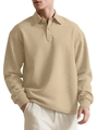Men's khaki waffle texture long sleeve polo shirt featuring a classic button lapel - S / Khaki