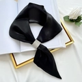 Close-up of black silk triangle scarf featuring a sparkling silver rhinestone slider buckle - 80-100cm / Black