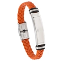 Braided orange leather bracelet with a polished stainless steel metal plaque - Orange