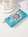 Portefeuille ethnique en cuir PU avec imprimé floral mosaïque turquoise et zip doré - Multicolore E (Mosaïque Turquoise)