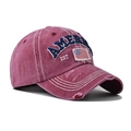 Macro detail of washed cotton baseball cap with American flag embroidery and distressed brim - Adjustable / Burgundy
