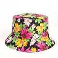 Detailed pattern of colorful sunflowers printed on a black cotton bucket hat for women - M (56-58cm) / Black and Yellow