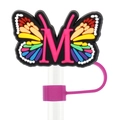 Rainbow butterfly straw topper with pink letter M made of silicone for 10mm straws - M