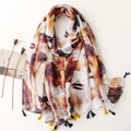 Ethnic cotton-linen scarf with colorful ink print and tassels for a bohemian style - Abstract Ink Painting Print (SL2112-033)
