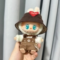 Labubu plush doll wearing brown corduroy hat and overalls in a detailed variant view - Dog Repair Kit + Heart-shaped Brown Hat / First And Second Generation Keychains Are Compatible With La Cloth Dolls. Dolls Not Included.