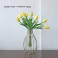 Modern gold lantern vase with 8 yellow tulips for minimalist home table decoration - Gold Vase + 8 Yellow Tulips / Gold