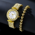 Elegant gold quartz watch set with luxury crystals and matching rhinestone bracelet - Watch & Bracelet Set / Gold