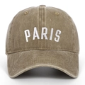 Close-up of PARIS embroidery on vintage washed khaki cotton canvas baseball cap - Khaki
