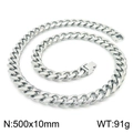 Polished silver 10mm stainless steel Cuban chain necklace, size 500x10mm and weight 91g - Steel Necklace 50cm (KN225395-Z)