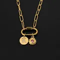 14K gold plated stainless steel necklace with crystal letter K and pink floral charm - Gold / Letter K