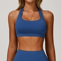 Reggiseno sportivo blu con allacciatura al collo in tessuto opaco elasticizzato per fitness - Blu Notte