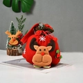 Red felt Christmas gift bag with reindeer applique and festive drawstring closure - Green Border Christmas Elk Bag
