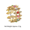 Golden open ring with colorful enamel beads and carved flower details, 1.1cm wide - Double Hollow Enamel Beaded