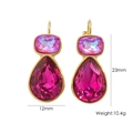 Detail showing pink teardrop crystal earrings with 12mm width and 23mm height dimensions - Deep Pink Zirconia