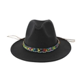 Classic black wool fedora hat with bohemian colorful beads and ethnic woven band - 58cm / Dark Gray