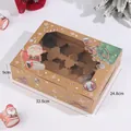Christmas 6-hole kraft cupcake box with window and Santa Claus festive pattern print - Extra Large Kraft Christmas Window Box