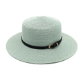 Detail of light green straw boater hat featuring fine texture and black leather band - M (56-58cm) / Mint Green