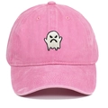Detailed close-up of pink washed cotton baseball cap with white ghost embroidery - One Size / Pink