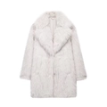 Close-up of fluffy faux fur texture and elegant lapel on long pale grey winter coat - XS / Pale Grey