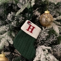 Dark green knitted Christmas stocking with white rib cuff and red letter H embroidery - Green/Letter H