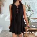 Chic black sleeveless pleated mini dress featuring a waist tie and elegant ruffles - S / Black