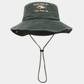 Detail of embroidered fish pattern and funny text on a washed cotton fishing hat - Washed Army Green