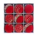 Set di 9 palline di Natale rosse floccate con motivi glitterati dorati e perline - 8cm / Rosso 9 pezzi