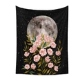 Detalle de tapiz con fases lunares, flores rosas y hojas doradas en fondo negro - 73X95CM Tela Cepillada / Flor Estrellada Oscura QY045-6