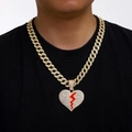 Collana hip hop con ciondolo a cuore spezzato e fulmine rosso su catena cubana oro - Ciondolo Oro con Catena Cubana