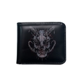 Men's short bifold skull wallet in black faux leather with stylish graphic and white stitching - Bull Head Bones