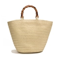 Summer straw woven tote bag with natural bamboo handles and large capacity design - Beige