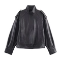 Women's black faux leather bomber jacket with stand collar and epaulettes on white background - S / Black