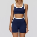 Women's two-piece yoga set in navy blue and white featuring a high-waisted ribbed short - S / Top And Bottom (Bra And Shorts) / Navy Blue