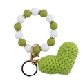 Close-up of olive green knitted heart keychain and silicone bead wristlet strap - Green
