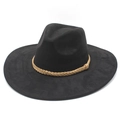 Detail eines schwarzen Fedora-Hutes mit breiter Krempe und braunem geflochtenem Band - M(56-59CM) / Schwarz (Wildleder)
