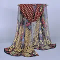 Elegant lightweight black chiffon scarf featuring gold floral and red geometric prints - Black (Ethnic Totem Floral)