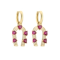 Gold horseshoe hoop earrings featuring five vibrant pink heart-shaped zircon stones - Gold Red Zirconia Horseshoe