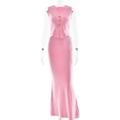 Completo rosa in maglia con gilet scollo a V e gonna lunga aderente raffinata - S / Rosa