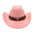 Pink western cowboy hat featuring a brown leather band and silver bull head ornament - Dusty Pink
