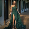 Elegant dark green one-shoulder sequin evening gown with a high slit and long train - S / Tops / Green