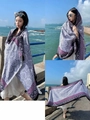 Close-up of lightweight floral sun protection shawl draped elegantly at the beach - Blue White Grey Print (Retro Paisley-7)