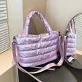 Metallic purple quilted down tote bag with high-gloss nylon finish and crossbody strap - Purple