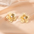 Elegant gold hollow flower earrings with central crystal and textured petal design - Diamond Double Layer Flower