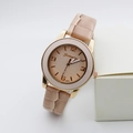 Pink leather strap quartz watch for women with a gold case and patterned dial - Pink