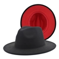 Classic black wool fedora hat with vibrant red interior brim and structured design - M (56-58cm) / Black + Red